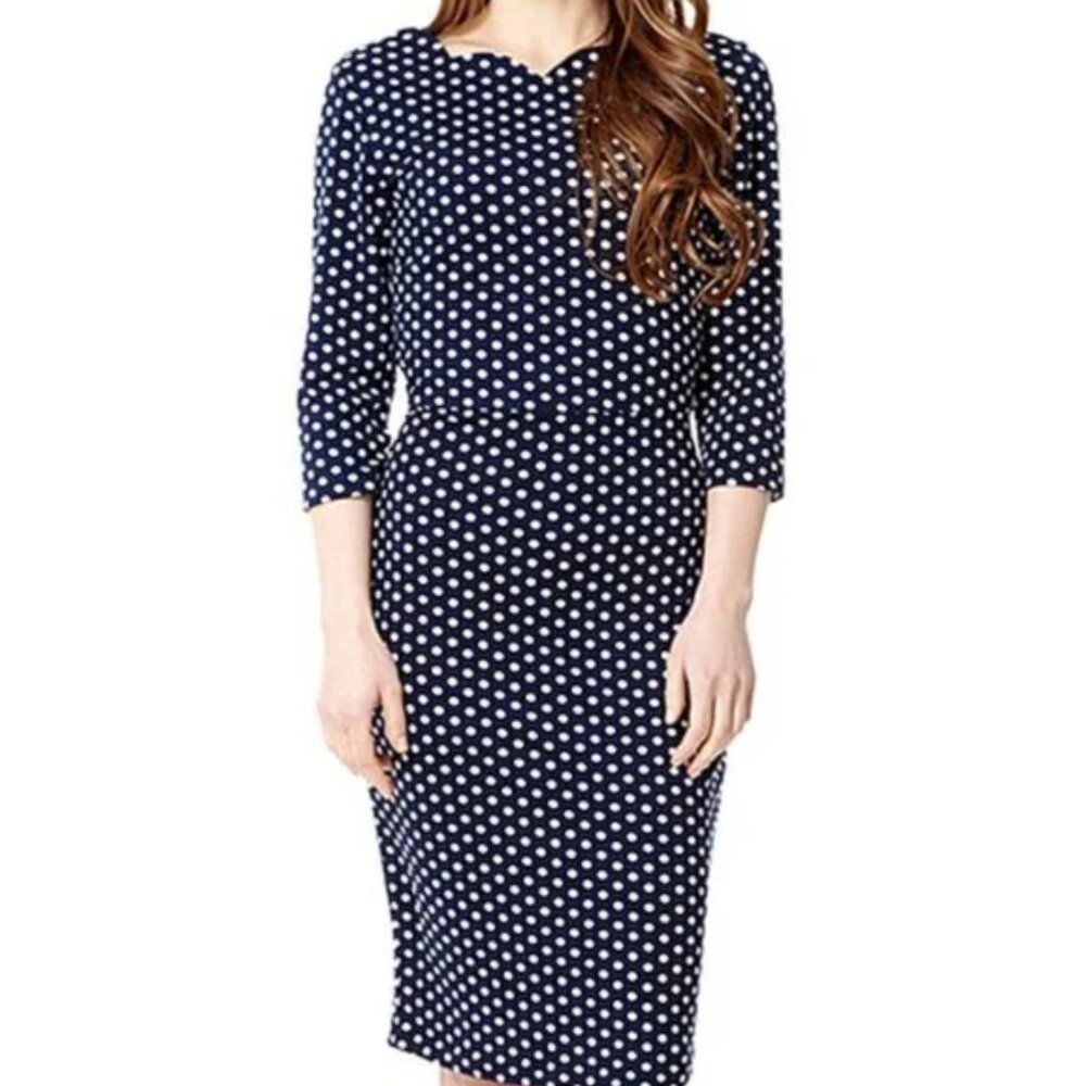 FEVER London Women's Midi Dress with Scallop Neckline Size 4 Navy/Tan Polka Dots
